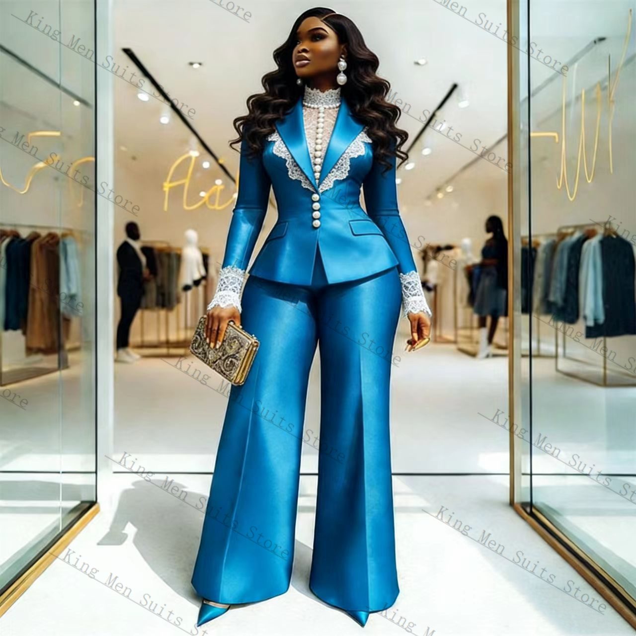 Women Formal Wear Coat - Blue Satin Lace Women Suit Set