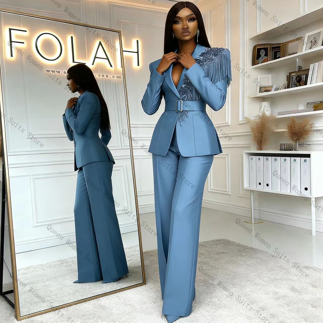 Women Formal Wear Coat - Tassel Blue Women Suit Pants Set