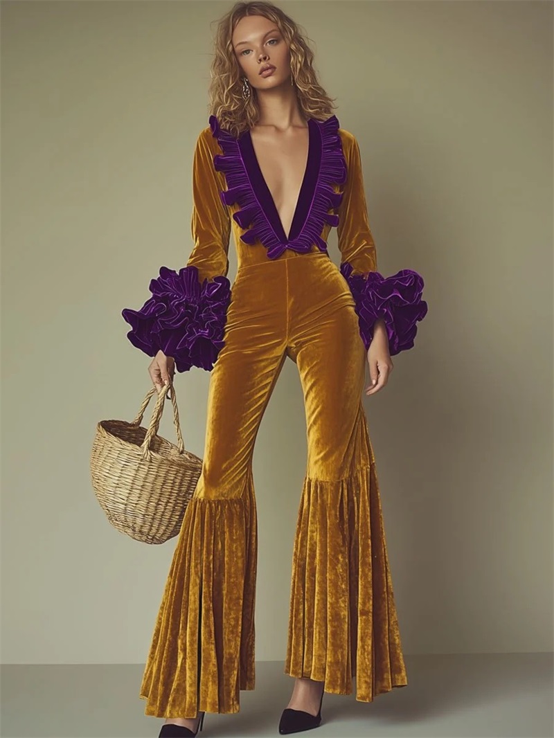 Women'S Formal Wear For Wedding Guest - Yellow Purple Velvet Women Jumpsuit Sexy