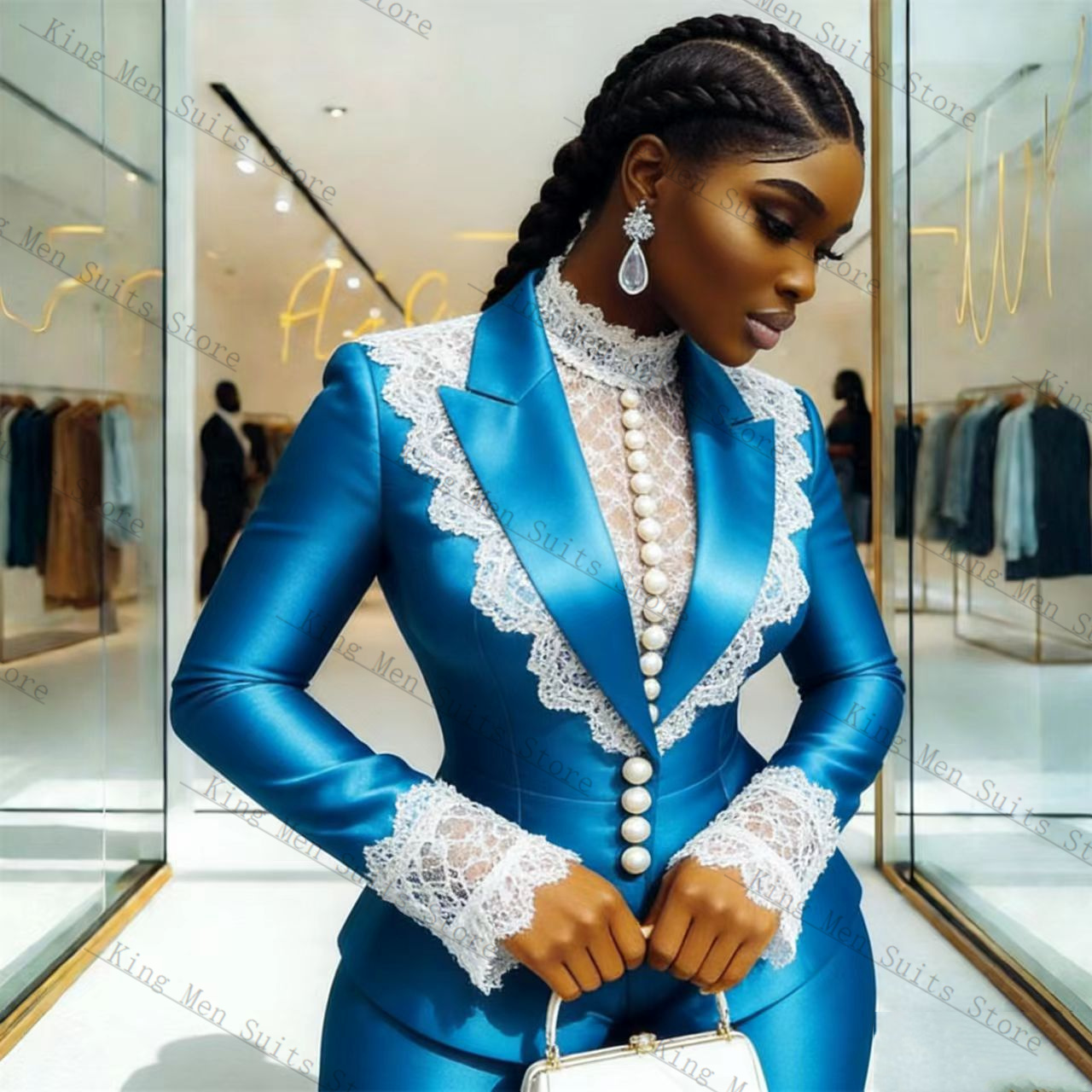 Blue Satin Lace Women Suit Set - Women Formal Wear Coat ulasan dan harga