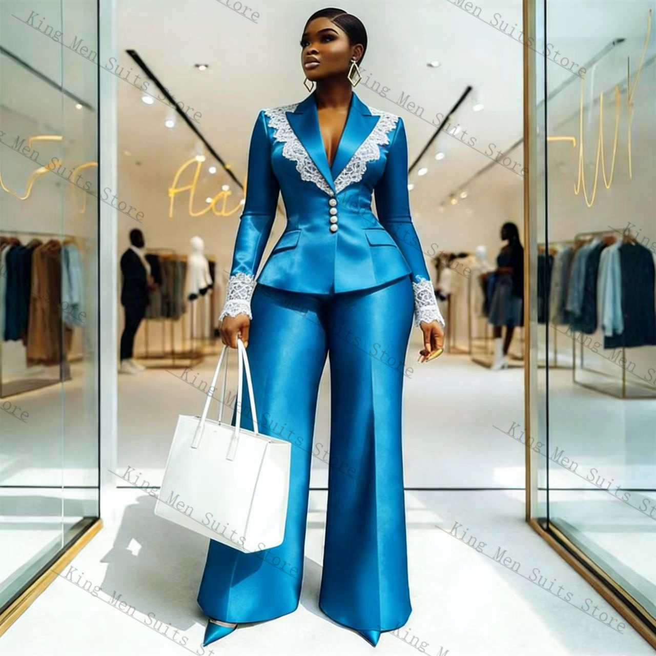 Blue Satin Lace Women Suit Set - Women Formal Wear Coat ulasan dan harga