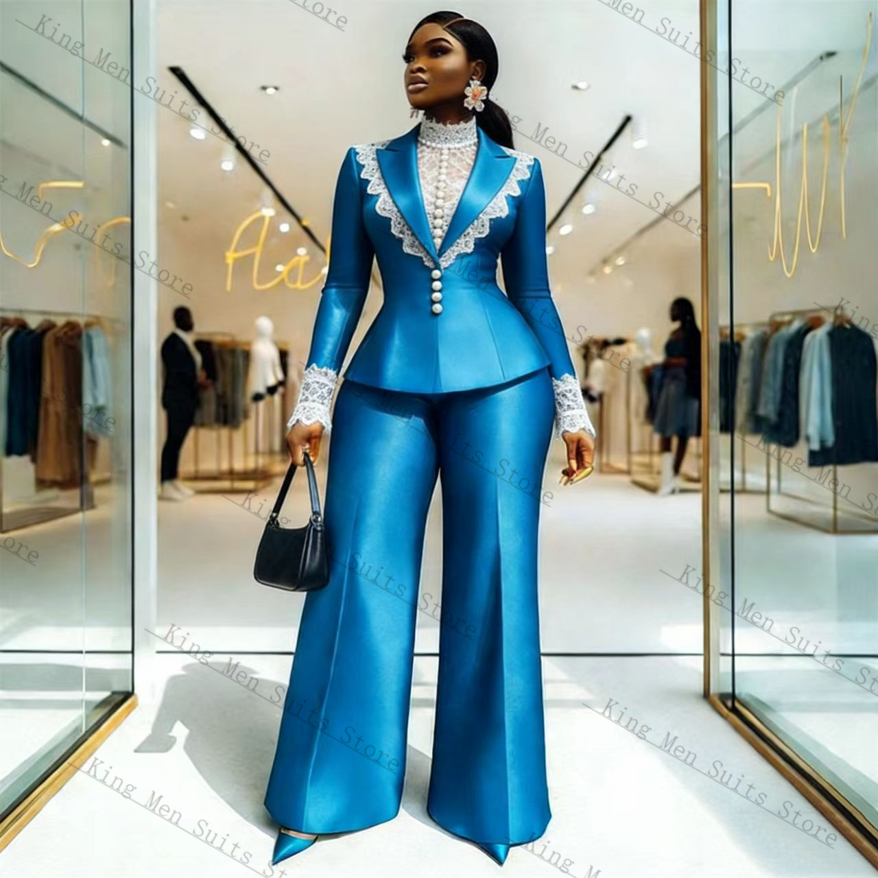 Blue Satin Lace Women Suit Set - Women Formal Wear Coat ulasan dan harga