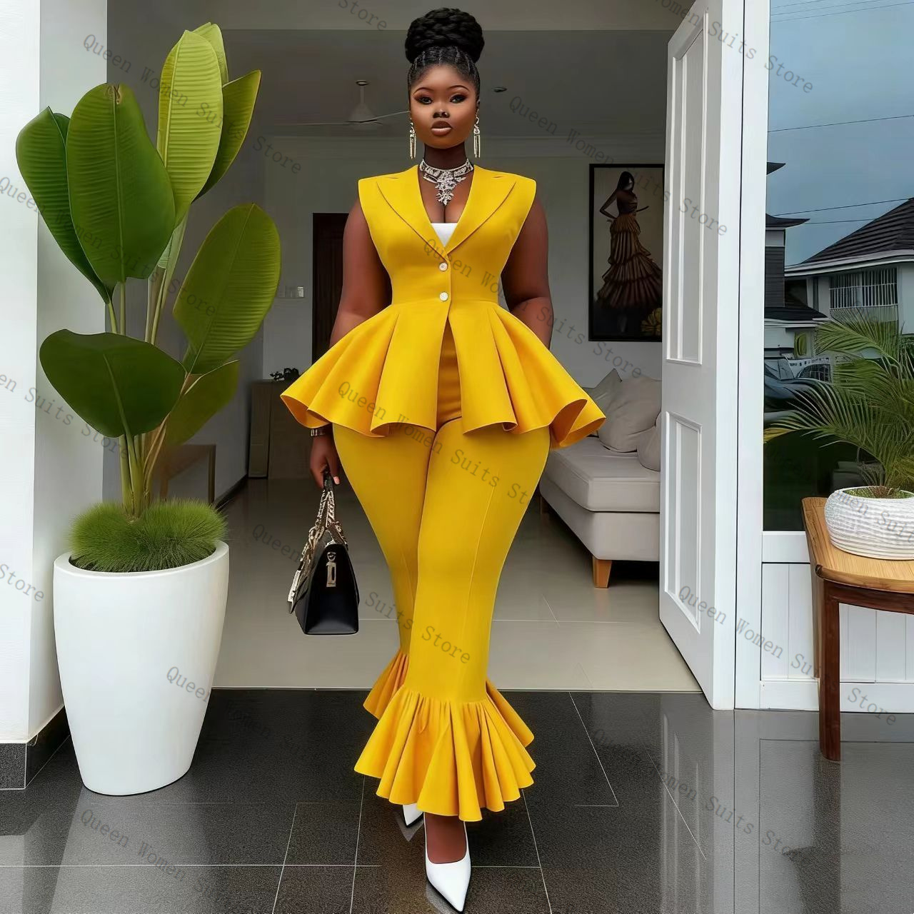 Yellow Women Suit Pants Set 2  - Women Formal Wear Coat ulasan dan harga