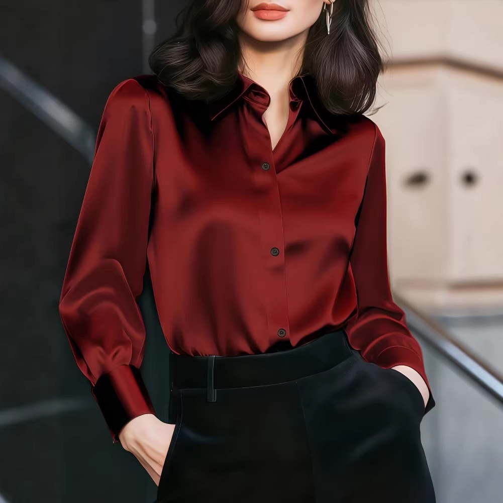 Women Satin Lapel Collar Blous - Women'S Office Formal Wear For Ladies ulasan dan harga